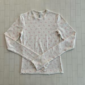 NWOT SKIMS Pointelle Long Sleeve T-Shirt - Cream and Pink - XS